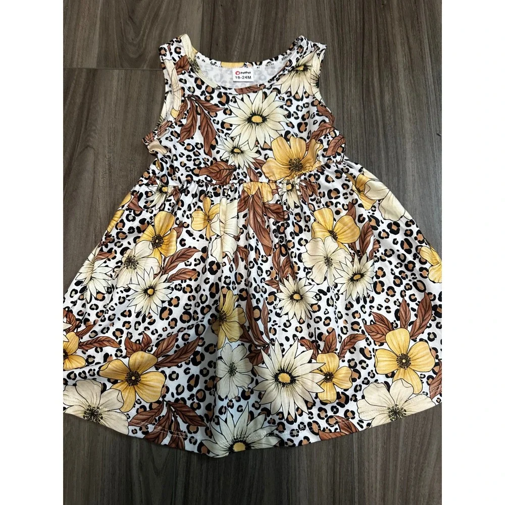 PatPat Floral‎ Leopard Print Dress Sleeveless Casual Summer Outfit 18-24M